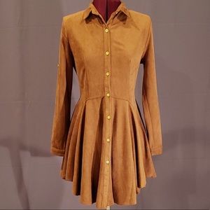 Long sleeve faux suede dress. Caramel brown.